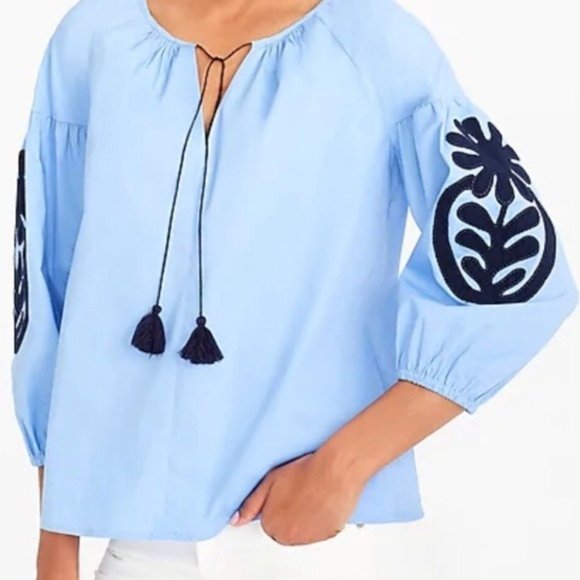 J. Crew Tops - J. CREW Embroidered Blue Peasant Top Blouse XS EUC